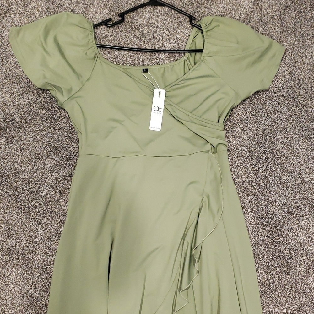 NWT Olive Green Midi Cocktail Faux Wrap Dress